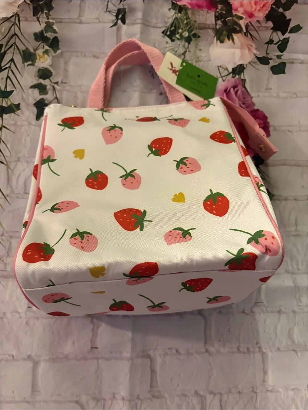 kate spade White Strawberry Print Lunch Tote with Pink Handles